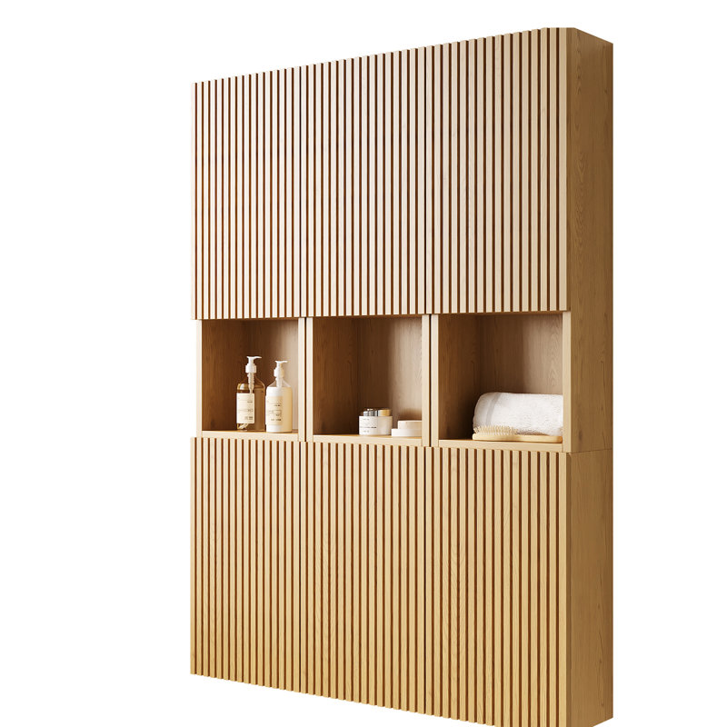 41" Mounted Bathroom Shelf Unit - 6 Cabinets With Doors Oak Grain Texture Plywood Made Waterproof & Functional For Multiple Spaces Storage Cabinet Color Built