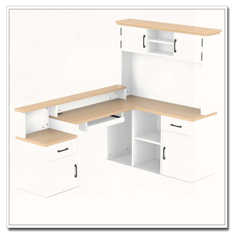 Bureau d'ordinateur en L avec prise, tiroirs, bibliothèque, Naturel / Blanc