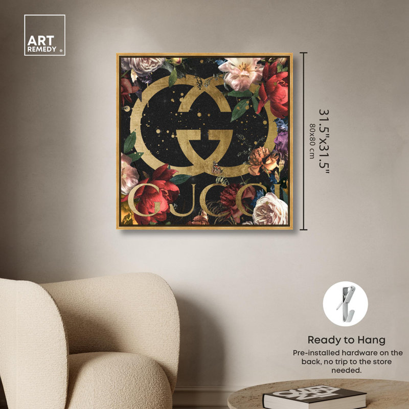 Glam, art noir sur toile noir, Cadre doré, H 31 po x l 31 po