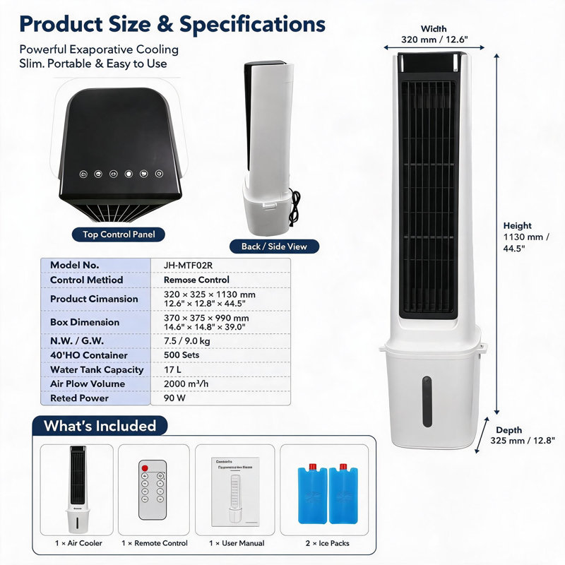 Portable Air Conditioner Fan, Evaporative Air Cooler with Remote Control, 3 Fan Speeds, 1600ml Water Tank, 2/4/8 Hour Timer, Adjustable Airflow, for Bedroom Office Desk