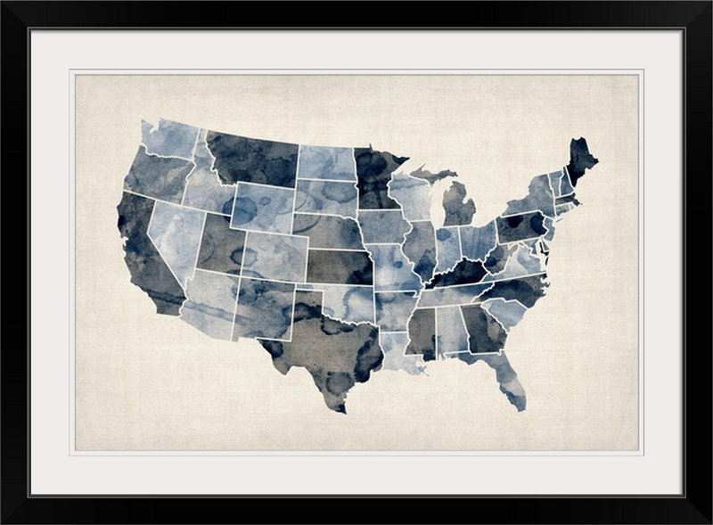 «Carte des États-Unis d'Amérique» par Bellen, impression, H 20 po x l 26 po x P 1 po, Cadre noir