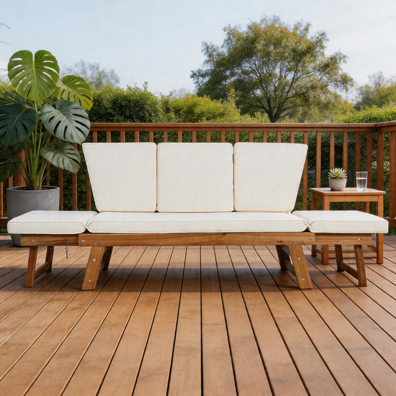 Outdoor Adjustable Wooden Patio Daybed Sofa Chaise Lounge with Beige Cushions, Space-Saving for Small Spaces, Natural Finish