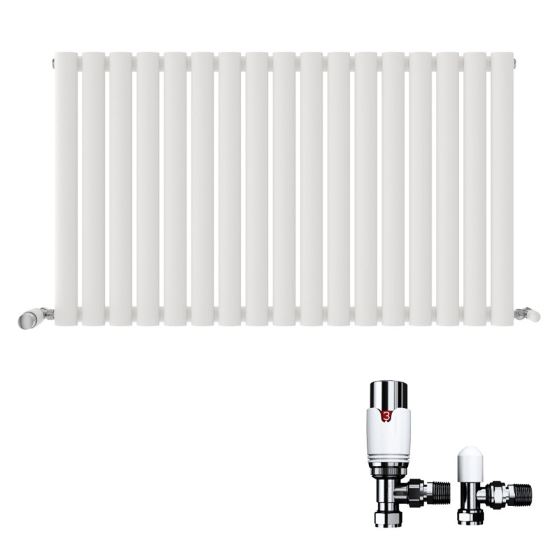 iBathUK Princia Horizontal Single Oval Panel Radiator Angled Valve, White, 600cm H x 1020cm W x 55cm D