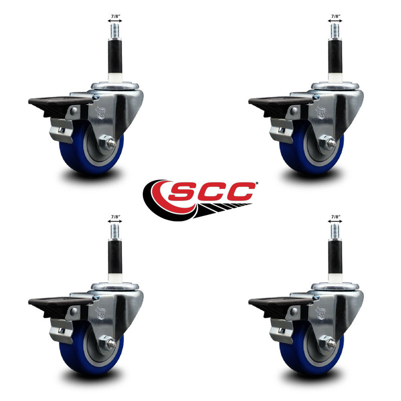 Ensemble de roulettes extensibles pivotantes 3 po en poly bleu 7/8 po avec frein SCC