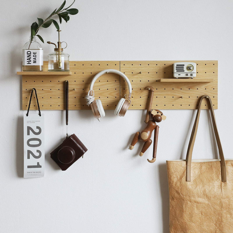 Wooden Pegboard, Sturdy Peg Board For Walls Modular Grid Organizer, DIY Storage And Display Panels With Shelves And Brass Hooks(Yellow)