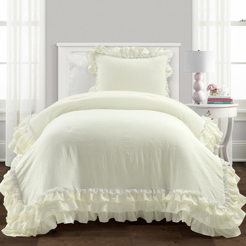 Ella Shabby Elegance Ruffle Lace Microfiber Comforter Set, Twin XL Comforter + 1 Standard Sham, Ivory