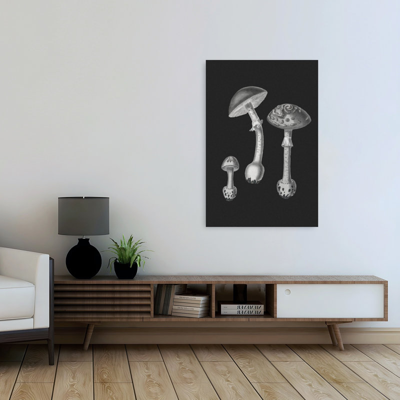 Impression d'art mural rétro vintage en noir et blanc sur fond noir d'une amanite muscaria, H 48 po x l 32 po
