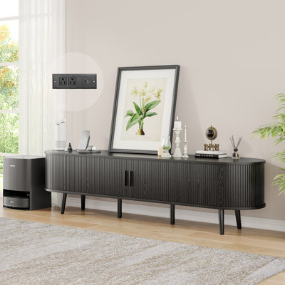 69 Inches mid century TV Stand With drawers And storage Shelves,fluted tv stand Designed To Fit 55" - 75" Tvs. Wood Entertainment Center For Living Room And Bedroom, Media Console And Modern TV Console Table, sliding door tv stand with charging station