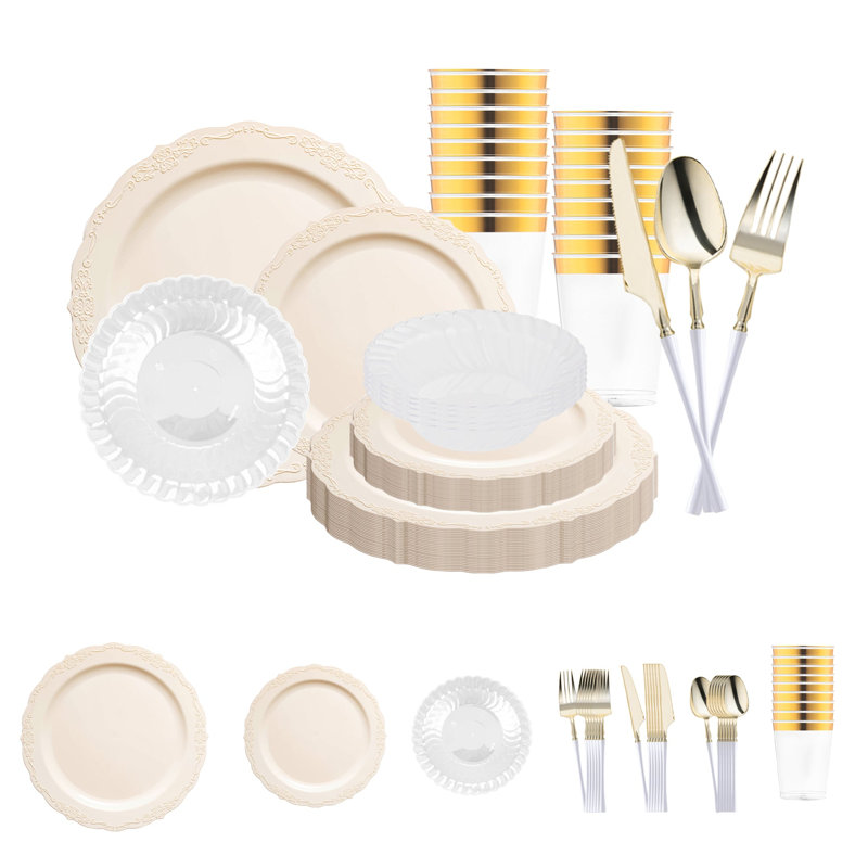 Service de table jetable en plastique ivoire vintage - 120 couverts