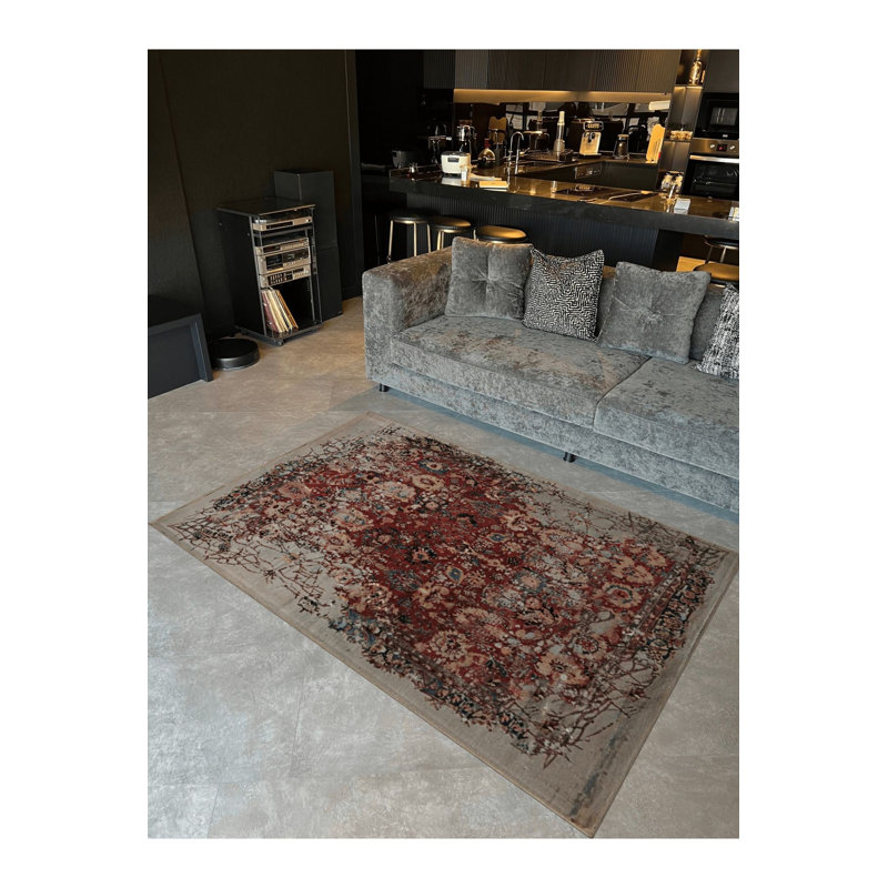 Tapis décoratif beige rétro à motif traditionnel abstrait lavable à la machine, Rectangle 3 pi 3 po x 4 pi 11 po