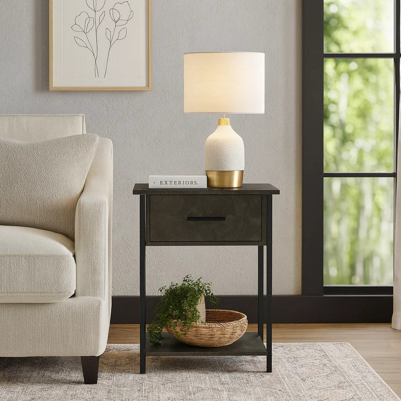Table d'appoint, 2 niveaux, bout, lampe, salon, table d'appoint, tiroir de rangement, petit, métal stratifié, contemporain
