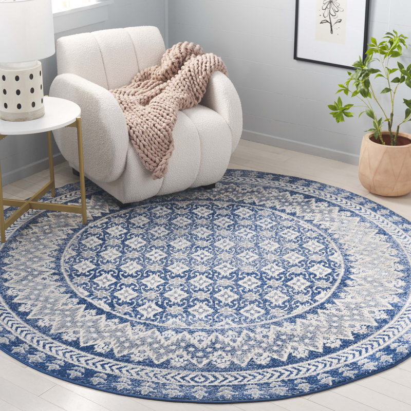 Adel Oriental Navy Area Rug, Round 6'7"