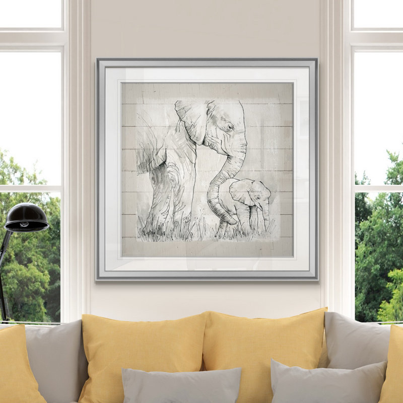«Sketchy Mother and Baby Elephant», peinture, H 16 po x l 16 po x P 1,5 po, Encadrement argenté