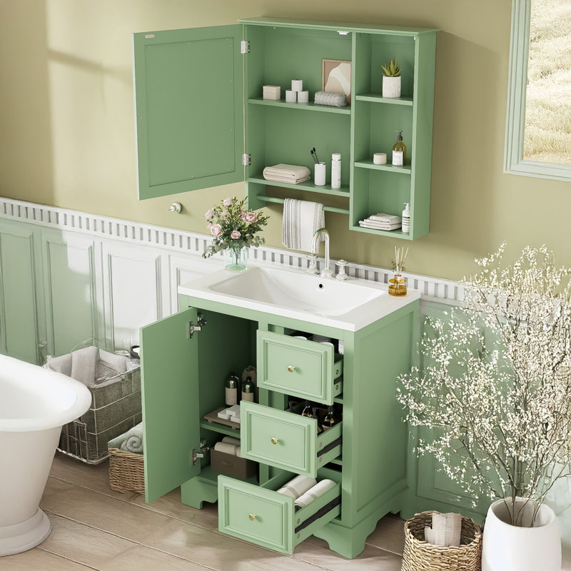 Meuble-lavabo avec lavabo, 3 tiroirs, tablettes réglables, Vert
