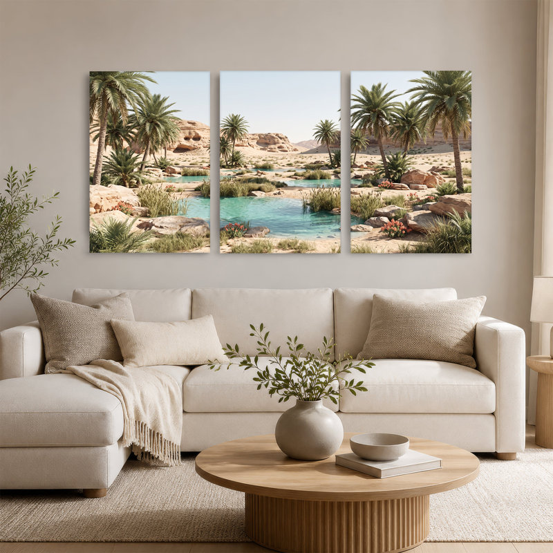 Oasis du désert avec palmiers et eau turquoise, ensemble de 3 toiles, H 18 po x l 12 po x 3 pièces