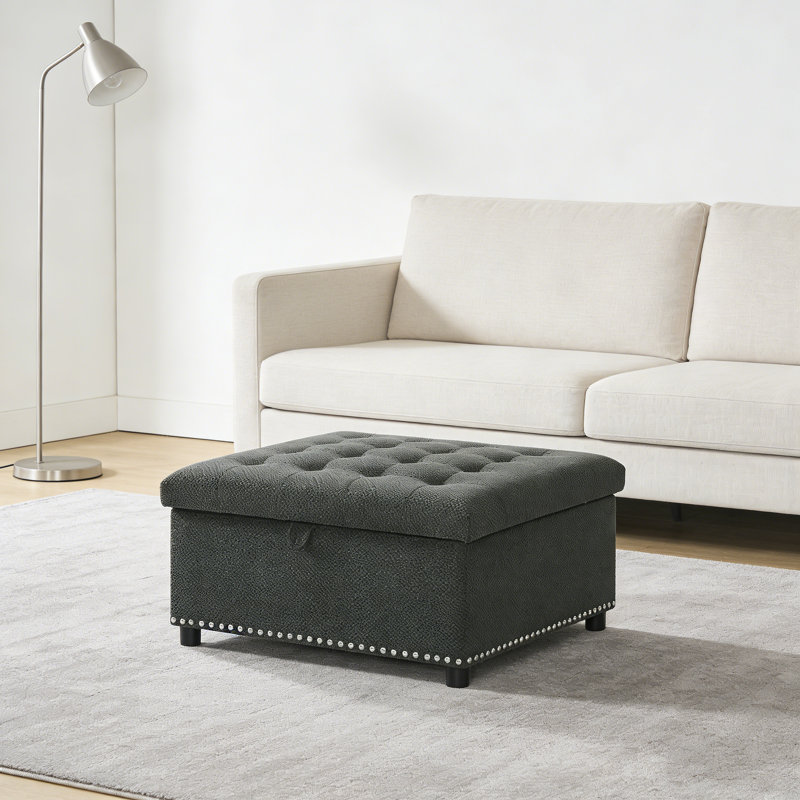 Tufted Square Storage Ottoman With Nailhead Trim, Dark Grey Upholstered Footstool For Living Room & Bedroom, Small Space Home Decor