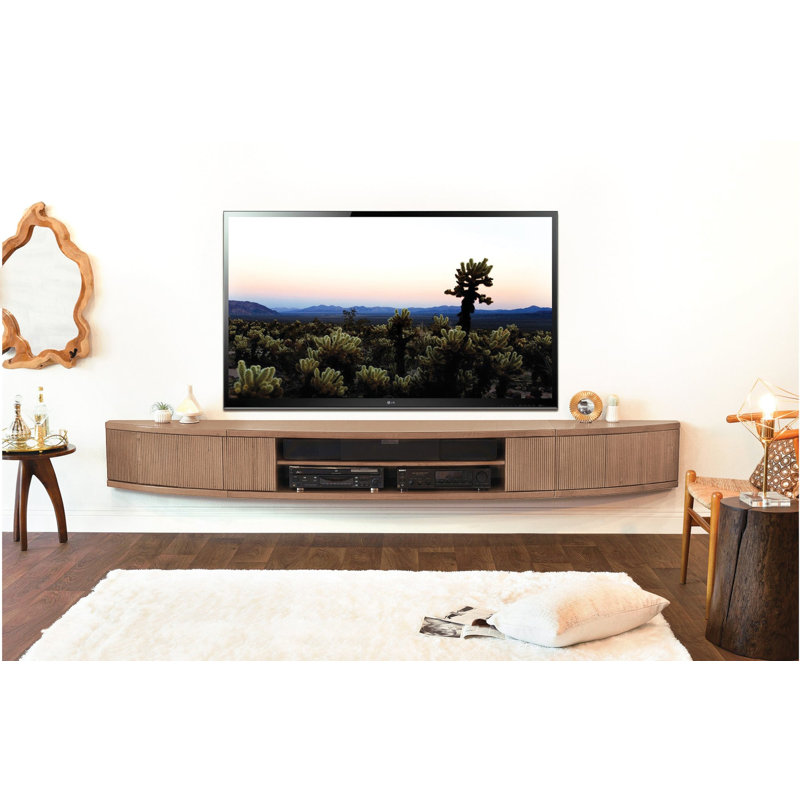 Floating TV Stand Curved Wall Mount Entertainment Center - Arc - Ginger, Beige Wood