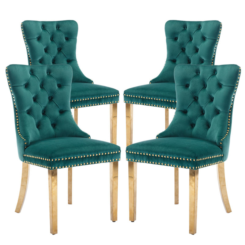 Chaises de salle à manger, chaise de salle à manger rembourrée haut de gamme avec anneau clouté, Noir, Velours vert, 4