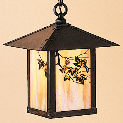 Lanterne suspendue d'extérieur 1 lumière McLoud, Aiguille de pin, Cuivre antique, Blanc opalescent