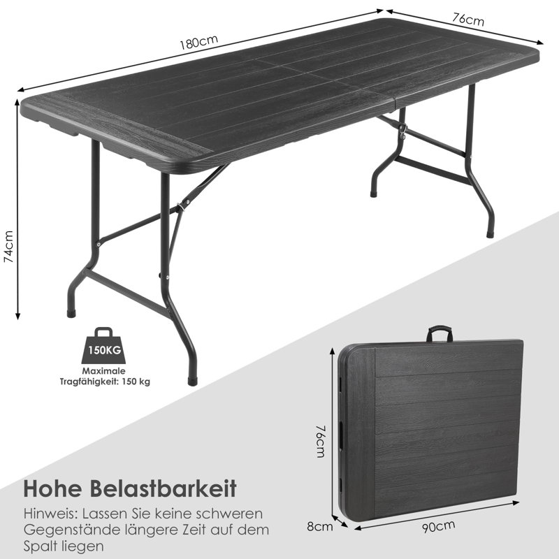 Rectangular Metal Folding Outdoor Camping Table , 180cm cm W 76cm cm D, Black, Black