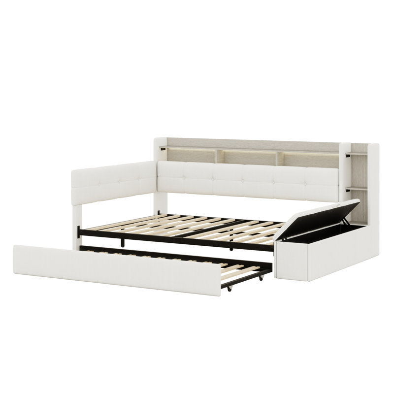Modern Upholstered Daybed with Storage Footstool, Built-In Shelves, Trundle, USB and LED, Beige