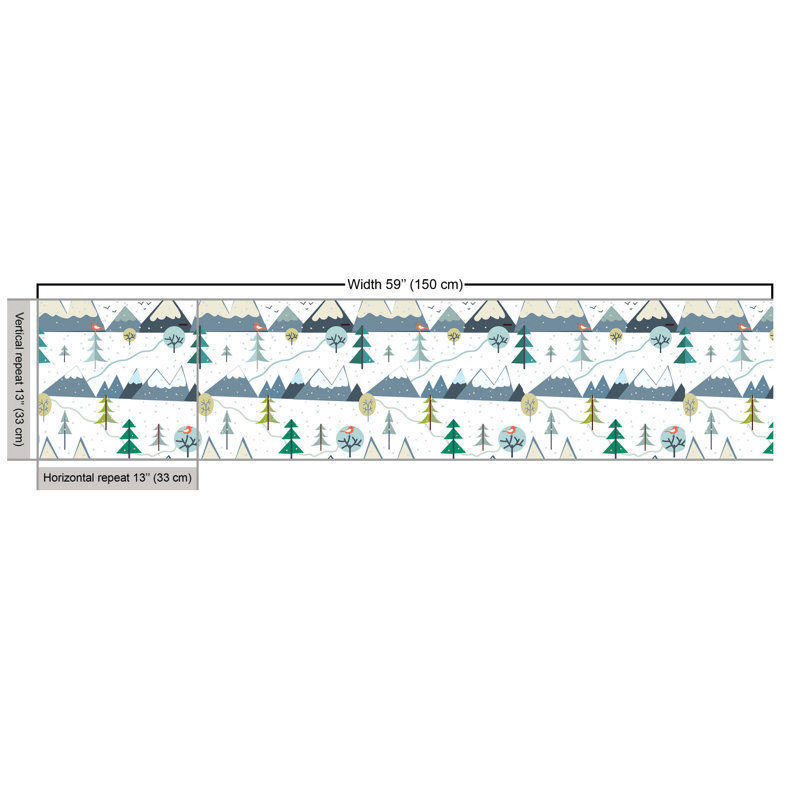 Lon Snowy Landscape of Trees and Mountains with Birds Fabric