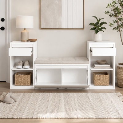 All-in-One Entryway Storage Bench with Cushion, Compartments, Drawers & Open Shelves, Storage Bench