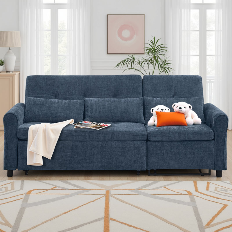 Canapé 82 po en chenille 2 en 1 avec lit escamotable et fauteuil inclinable réversible - dossier réglable à 3 positions, ports USB, capacité de 330 lb