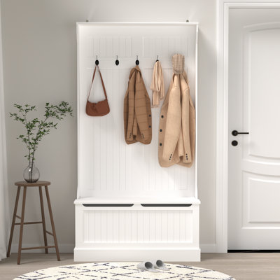 Banc d'entrée mince avec portemanteau et rangement pour chaussures sous le siège