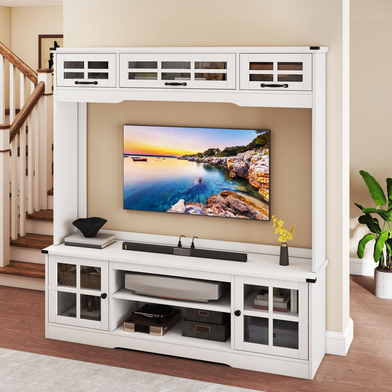  62.5"W Entertainment Centre, Wall Unit With Power Outlets, Adjustable Shelf & Glass Door