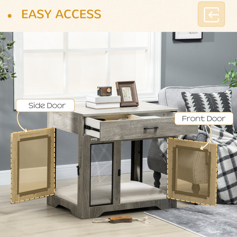 Small Dog Crate With Pillow Cushion And Convenient Drawer, Grey End Table Cushioned Bottom