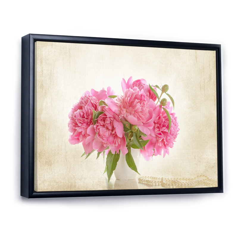 Rose pivoines Bouqet - Art mural sur toile traditionnel, H 20 po x l 12 po x P 1,5 po, Cadre flottant noir