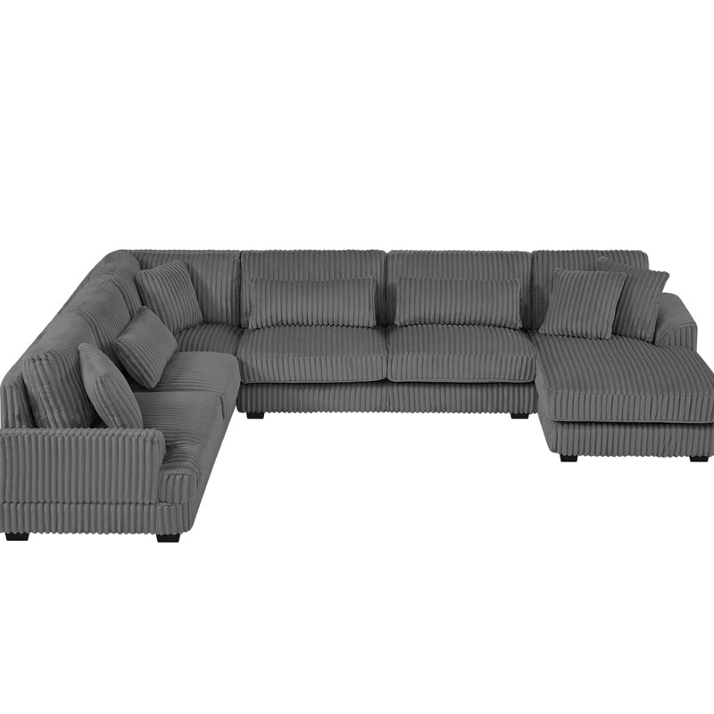 Dark Grey 5 U-shaped Sectional , Corduroy Upholstery, Chaise Lounge, Legs, Comfortable Pillows Corduroy, Ergonomic , And Construction
