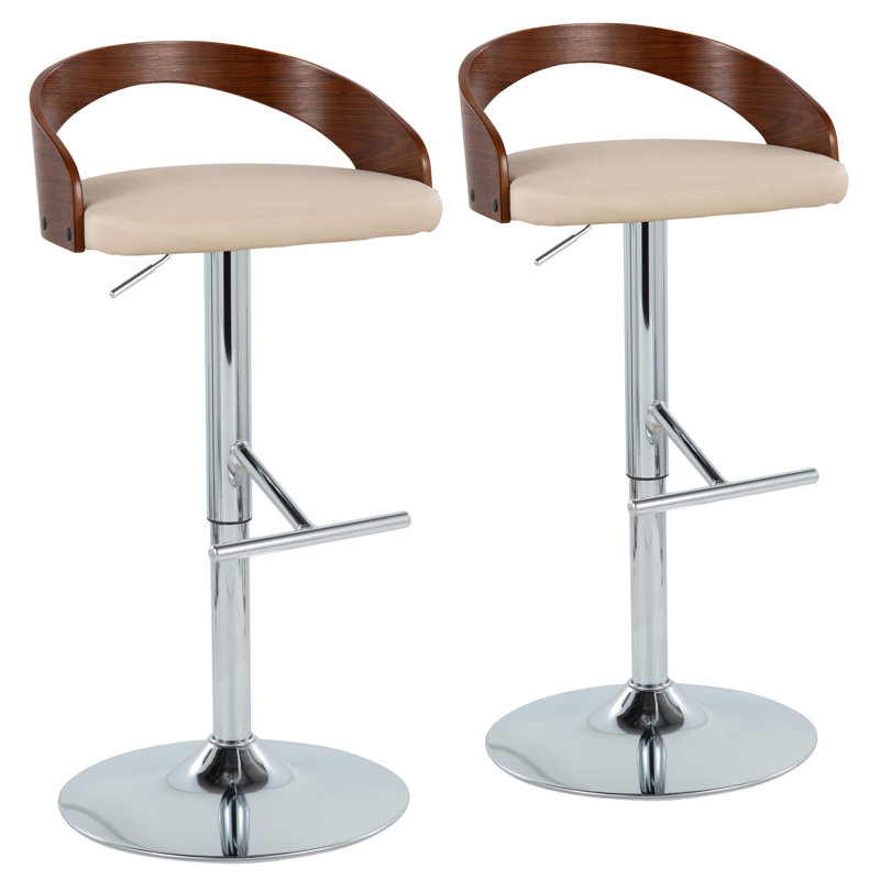Grotto Swivel Upholstered Adjustable Height Counter Stool with Metal Frame, Chrome/Walnut, Cream