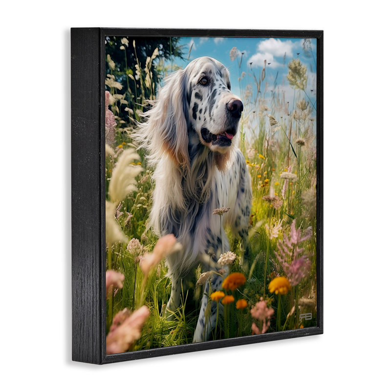 Joyeux chien parmi les fleurs, estampe numérique par Roozbeh Bahramali, Giclée encadrée noir minuit, H 12 po x l 12 po