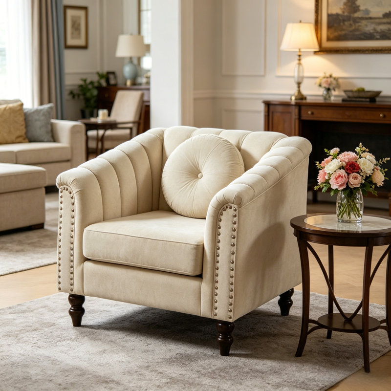 Jeliana 31 Wide Lint Sofa Chair Upholstered Single Sofa Chair with Rivet Decor Rolling Armrests, Beige Linen Blend