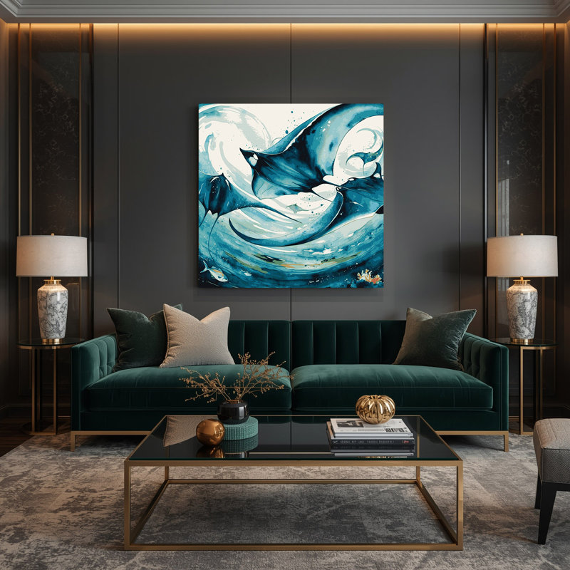 «Hawaiian Manta Rays», art mural sur toile verte, H 12 po x l 12 po