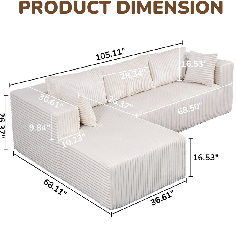105 po en forme de L, tissu en velours côtelé, rembourrage en mousse viscoélastique, petits appartements et chambres à coucher, printemps, sécuritaire pour les animaux de compagnie, mousse haute, adaptation de la posture, structure affaissée, comprimé, peu encombrant, odeur,