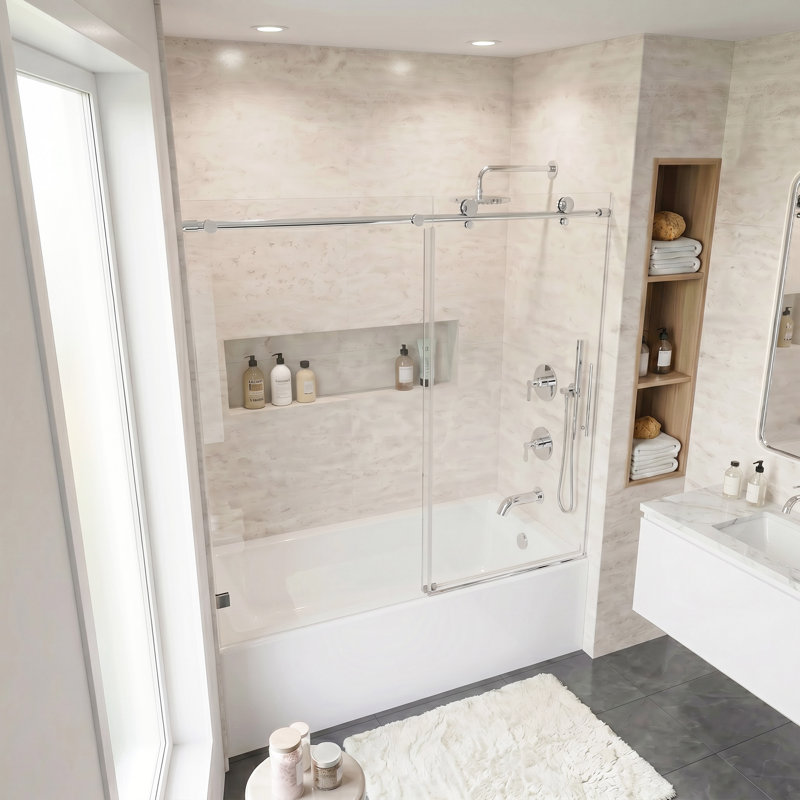 Porte de douche coulissante simple sans cadre l 56 à 60 po x H 60 po, Chrome chrome
