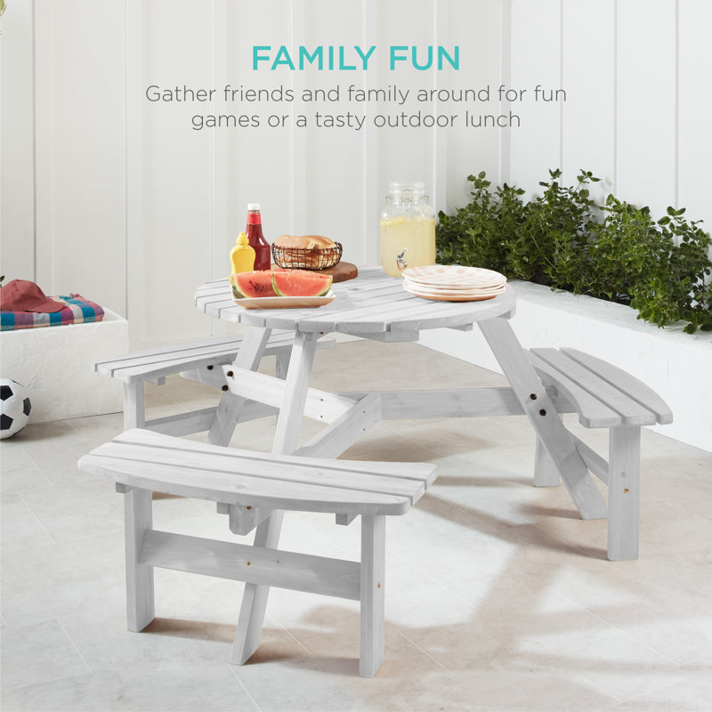  6-Person Circular Outdoor Wooden Picnic Table W/ 3 Built-In Benches, 500Lb Capacity - White, White