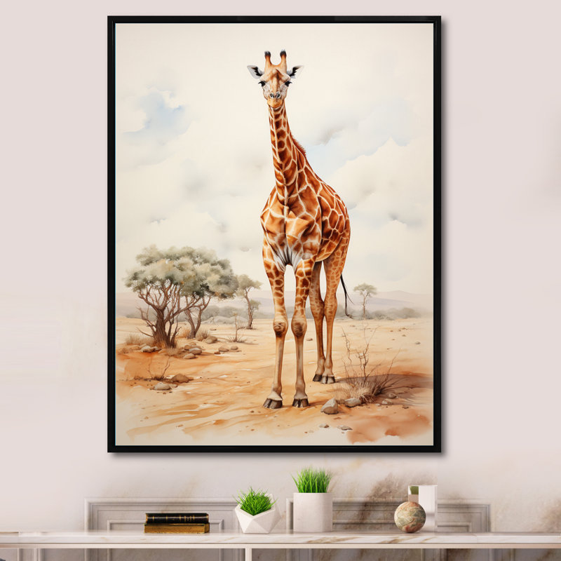 Girafe brune brune et brune sur toile, H 32 po x l 16 po x P 1 po, Cadre flottant noir