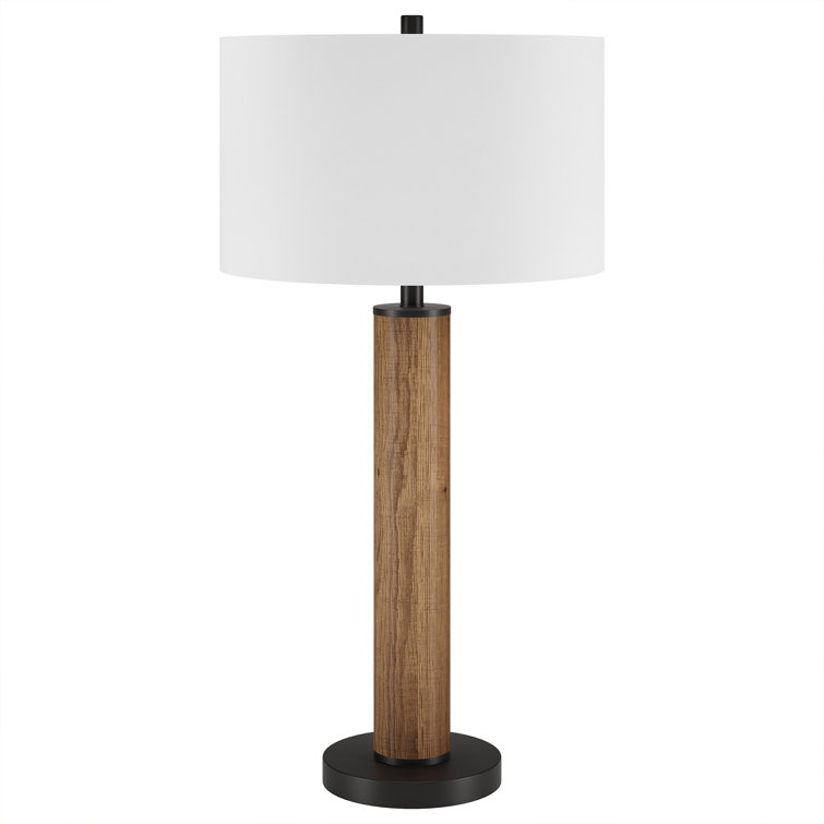 29" Tall Table Lamp With Fabric Shade In Rustic Oak/Brass/White