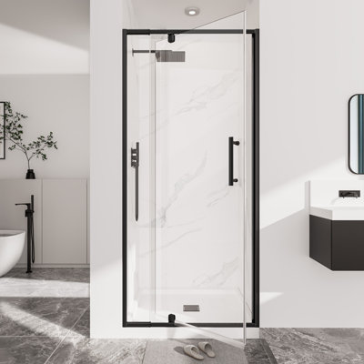 Porte de douche encadrée 81-91 cm (L) x 183 cm (H), porte pivotante en verre trempé transparent de 6 mm avec poignée, installation réversible, noir
