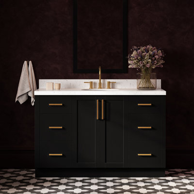 Meuble-lavabo ovale simple de 54 pouces avec comptoir en quartz blanc de Carrare de 1,5 pouce d'épaisseur, finition noire.