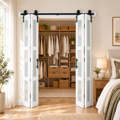 S&Z TOPHAND® 80X84in (20X4) White Bi-Fold Glass Barn Door Sliding Double Folding Barn Door With Hardware Kit & Handle,Solid MDF Door With PVC Surface,Complete Door, No Assembly Required