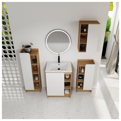 Ensemble de meuble-lavabo 4 pièces en chêne clair avec lavabo en céramique intégré et armoires de rangement