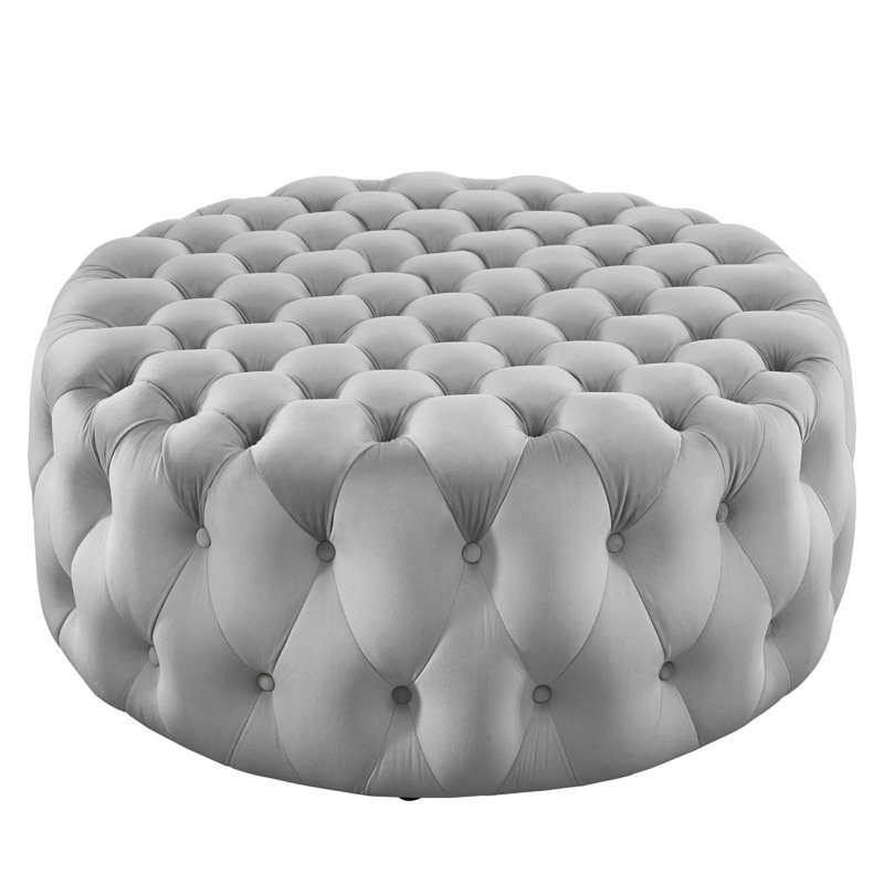 Luxurious Amour 40'' Light Gray Tufted Velvet Round Ottoman