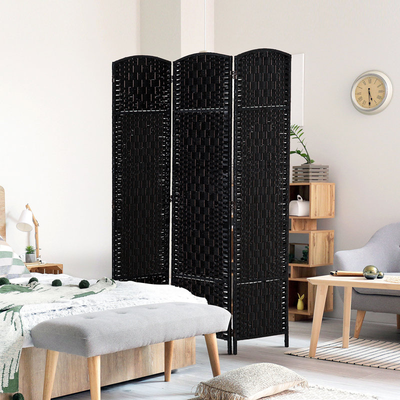 Paravent en osier de 6 pi de hauteur à 3 panneaux - noir, H 70,75 po x l 53,25 po x P 0,75 po, Noir