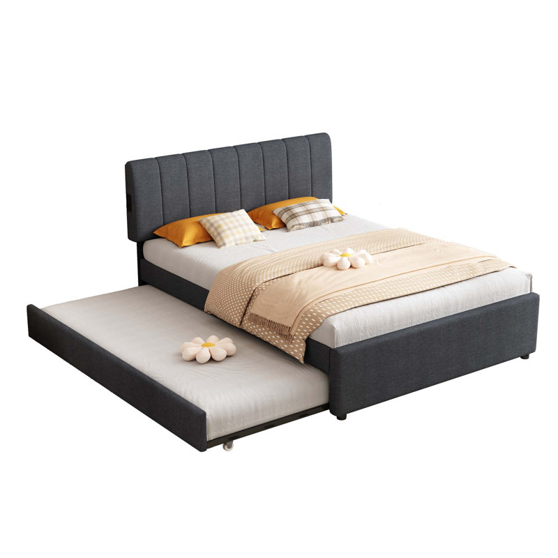 Lit plateforme tapissier avec lit gigogne simple et 1 ensemble de clés USB, avec lumières intelligentes à télécommande avec application, tissu en lin