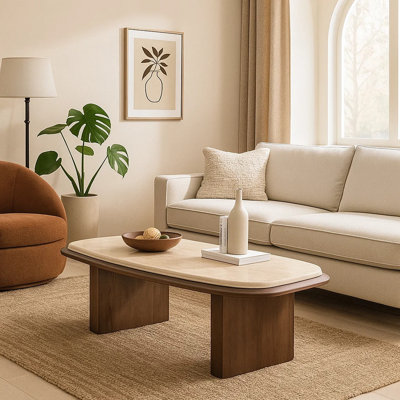 Table basse Pery, plateau en pierre de travertin beige 51 po, brun noyer